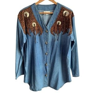 Vintage 90s Western Button Front Tunic Shirt Sz M Denim Long Sleeve Rodeo Top